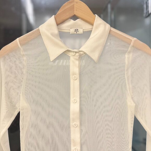 (NWOT) NLT Collared Mesh Sheer Button-Down Long Sleeve Blouse (White) - Picture 9 of 14
